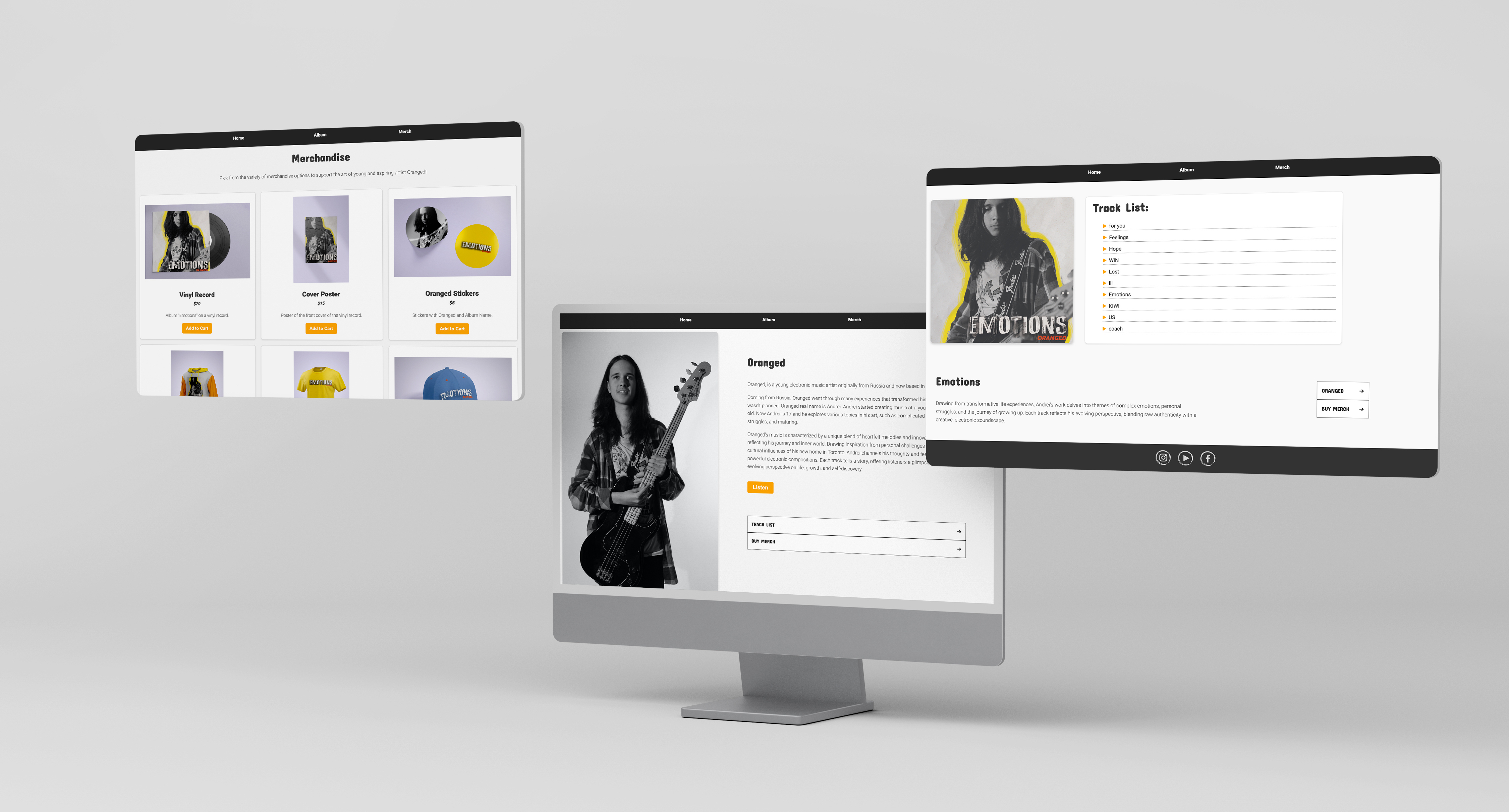 Website mockup for Oranged merch and music