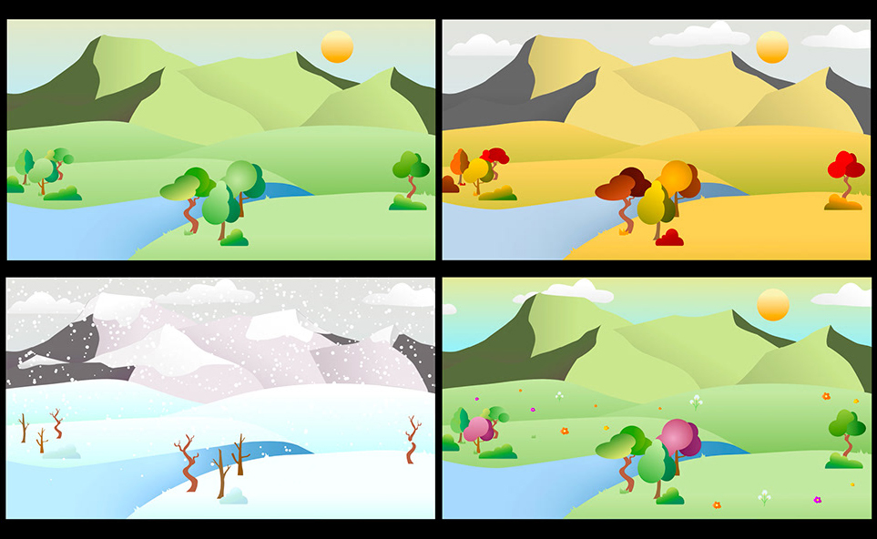 process shots of the seasonal illustrations showing different environments and color palettes for each season